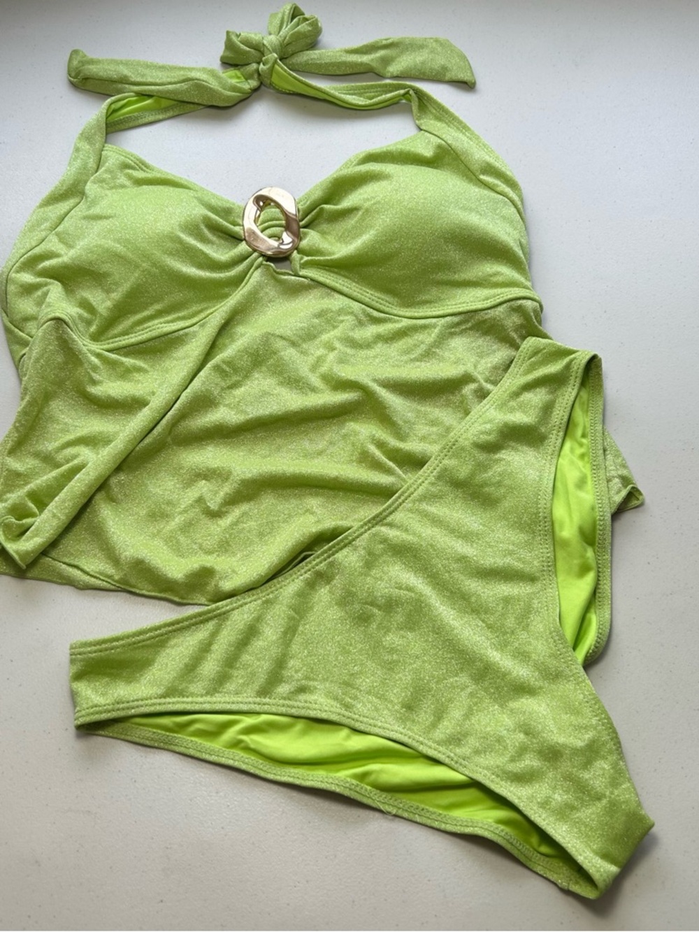 Lime Green Halter Bikini Set with Decorative Ring
